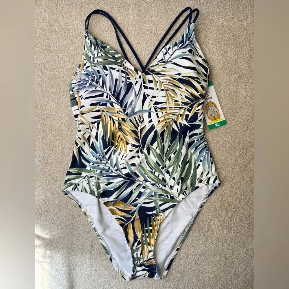 NWT Hurley One Piece Swimsuit Bathing Suit V-Neck UPF 50+ Tropical Print Size XL
